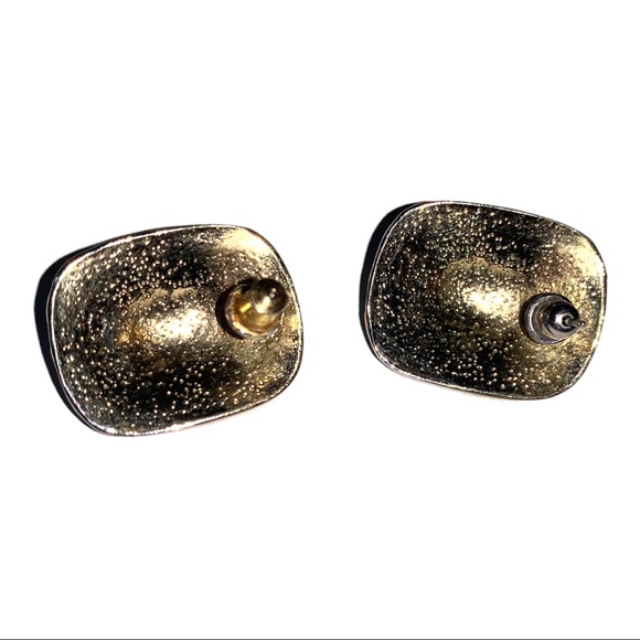 Vintage 1990’s Kelly Green Art Deco Gold Tone Rectangle Stud Metal Earrings - Picture 3 of 3